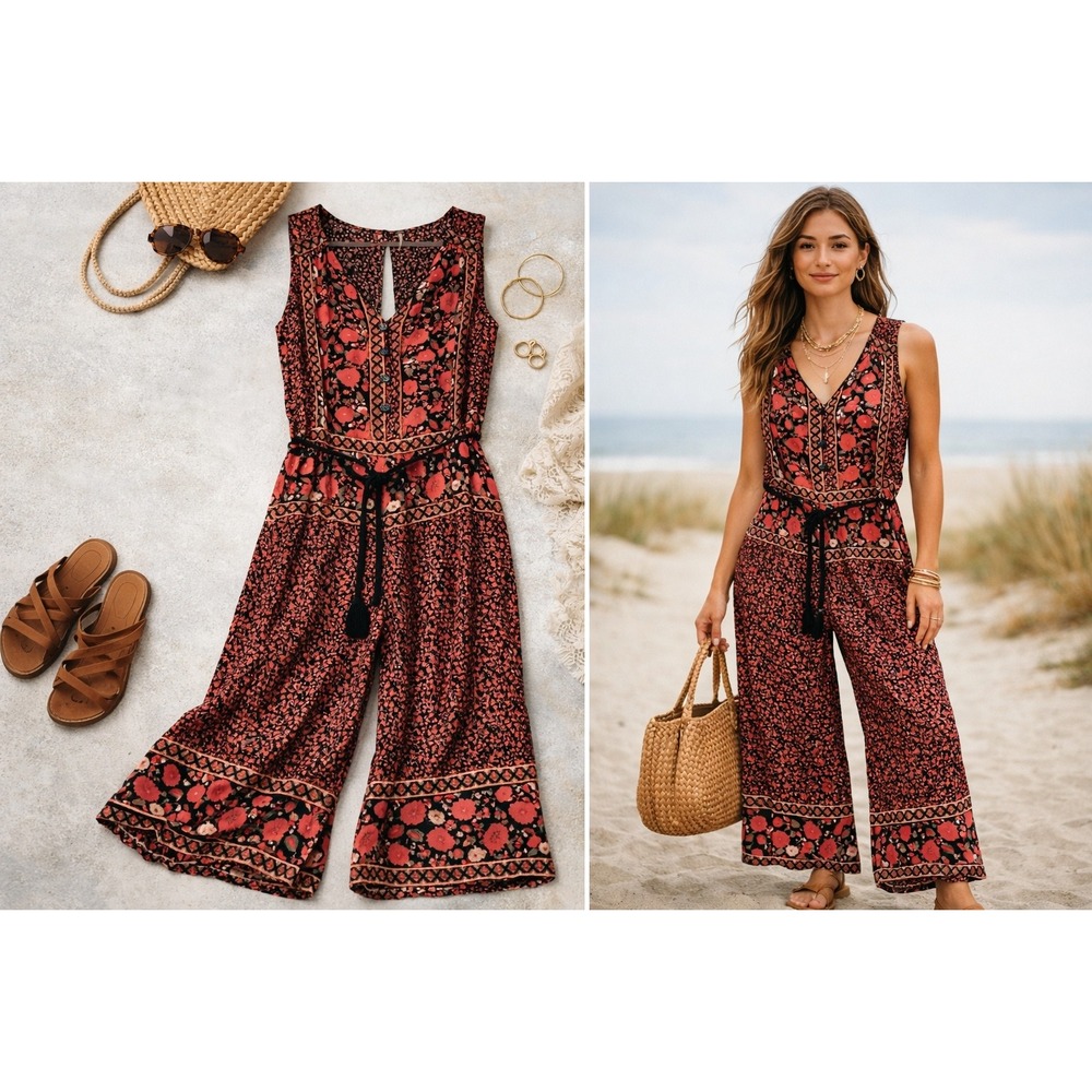 Free People Womens Red‎ Floral Boho Wide Leg Sleeveless Jumpsuit Small OB663273
